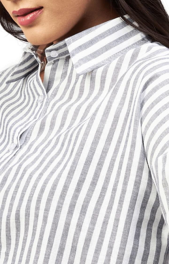 Women's Grey and White Viscose Striped Crop Shirt