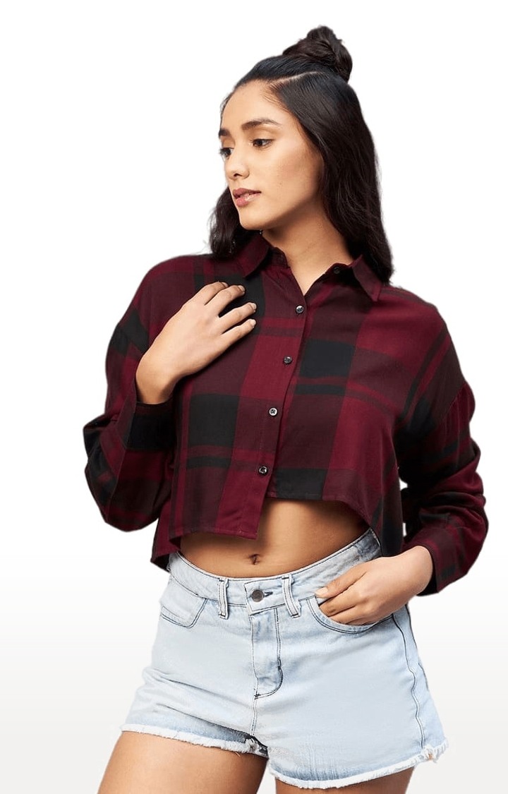 Women's Maroon and Black Viscose Checked Crop Shirt