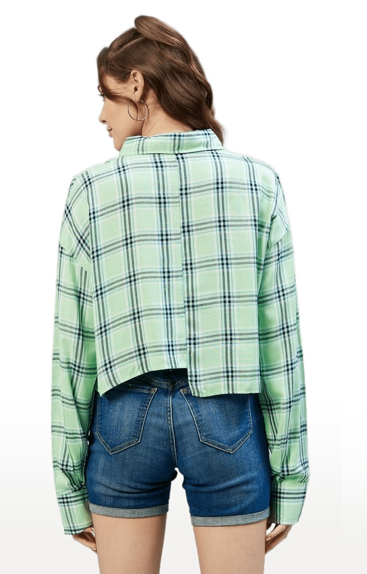 Women's Green and Navy Viscose Checked Crop Shirt