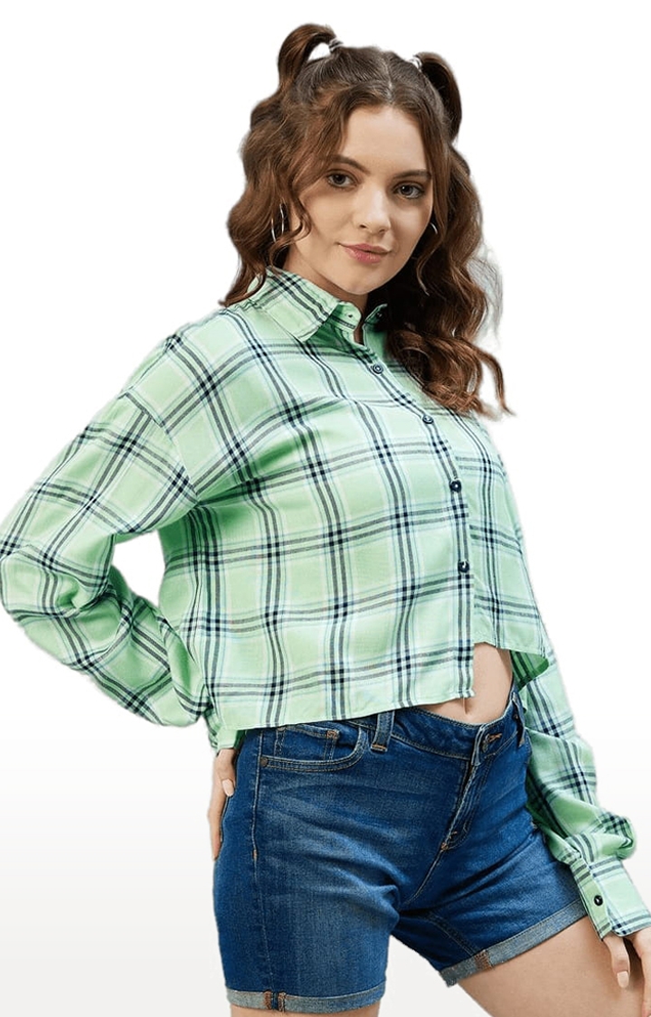 Women's Green and Navy Viscose Checked Crop Shirt