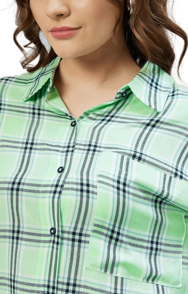 CHIMPAAANZEE | Women's Green and Navy Viscose Checked Casual Shirts 5