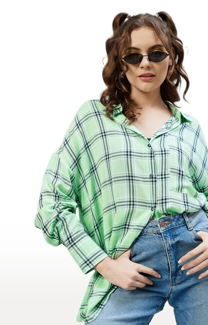 CHIMPAAANZEE | Women's Green and Navy Viscose Checked Casual Shirts 4