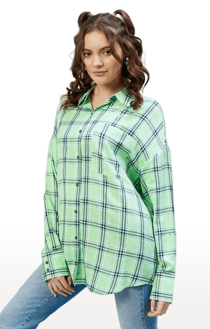 CHIMPAAANZEE | Women's Green and Navy Viscose Checked Casual Shirts 2