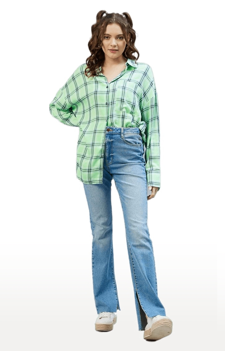 CHIMPAAANZEE | Women's Green and Navy Viscose Checked Casual Shirts 1