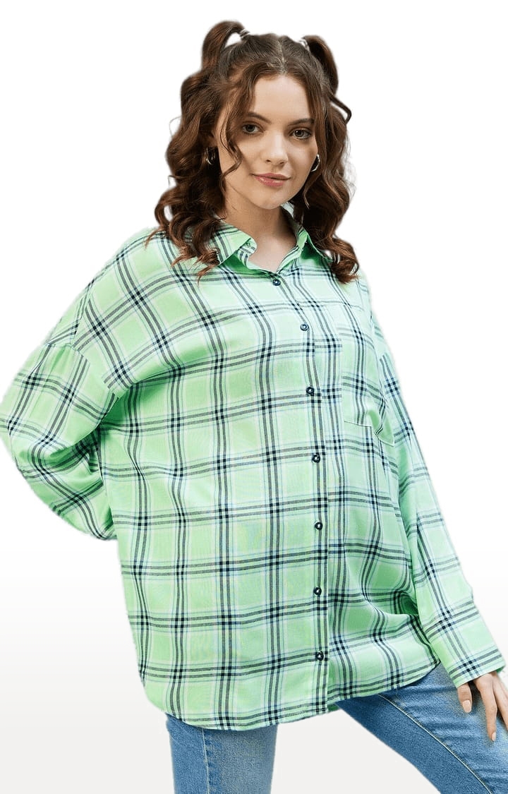 CHIMPAAANZEE | Women's Green and Navy Viscose Checked Casual Shirts