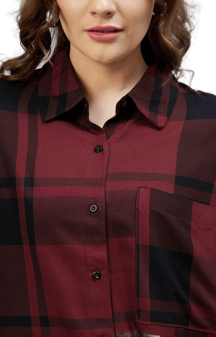 Women's Maroon and Black Viscose Checked Casual Shirts