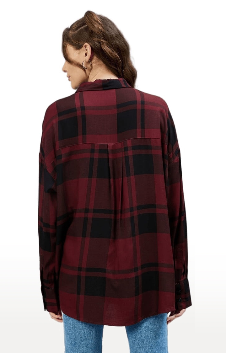 Women's Maroon and Black Viscose Checked Casual Shirts