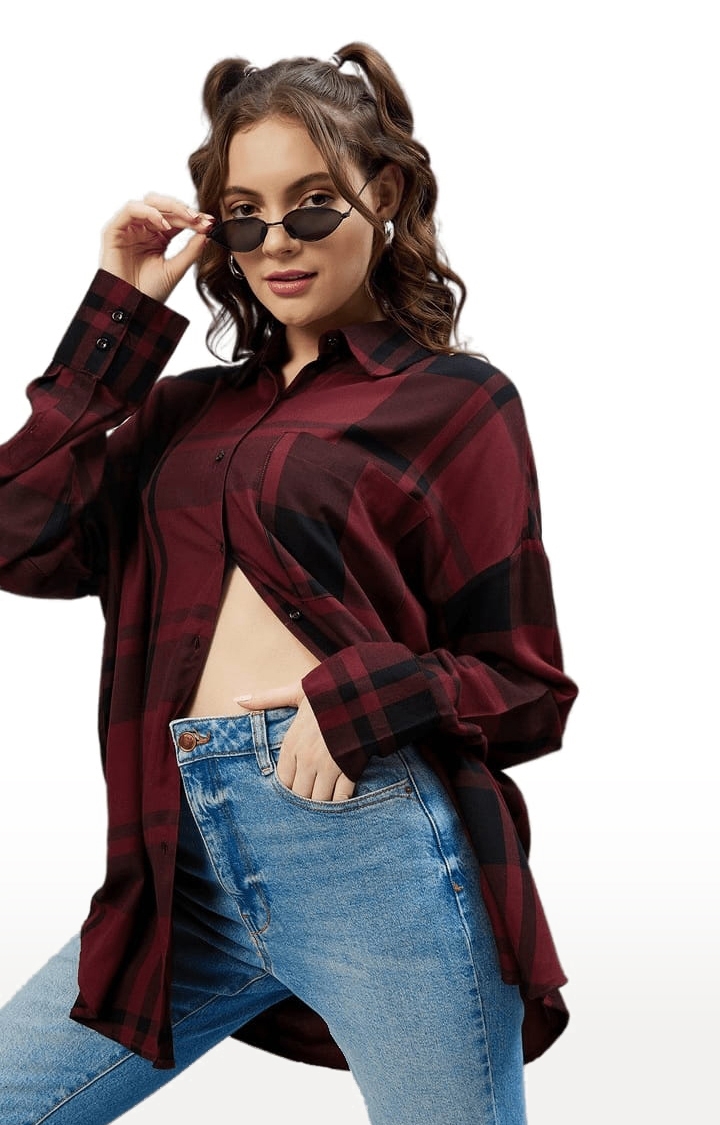 Women's Maroon and Black Viscose Checked Casual Shirts