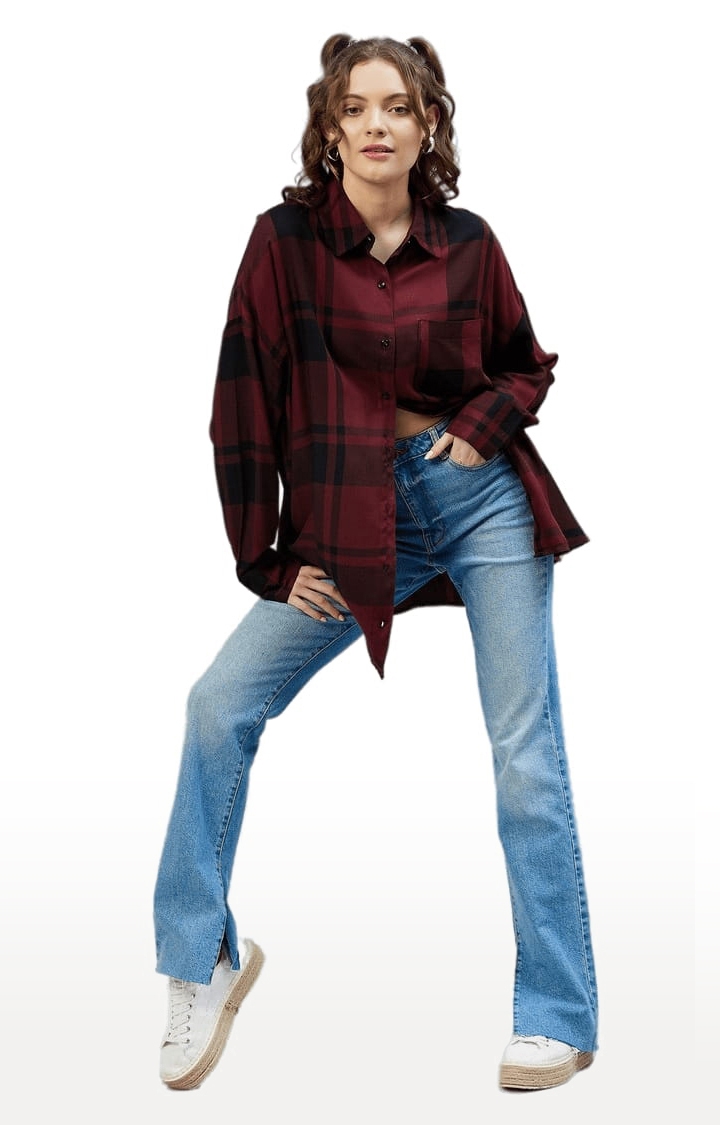 Women's Maroon and Black Viscose Checked Casual Shirts