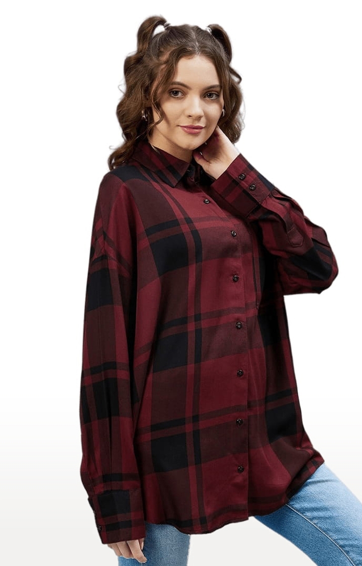 CHIMPAAANZEE | Women's Maroon and Black Viscose Checked Casual Shirts