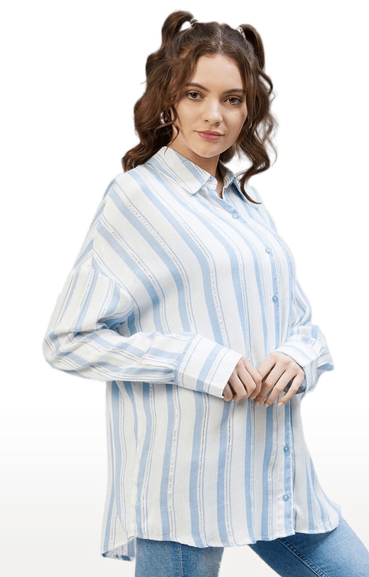 Women's Blue and White Viscose Striped Casual Shirts
