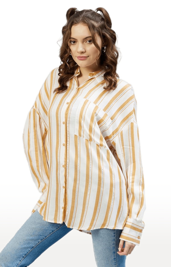 Women's Mustard and White Viscose Striped Casual Shirts
