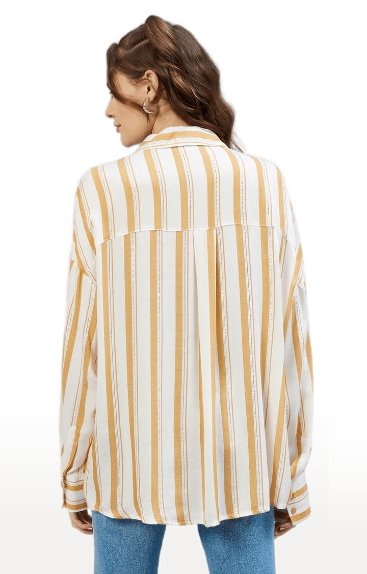 Women's Mustard and White Viscose Striped Casual Shirts