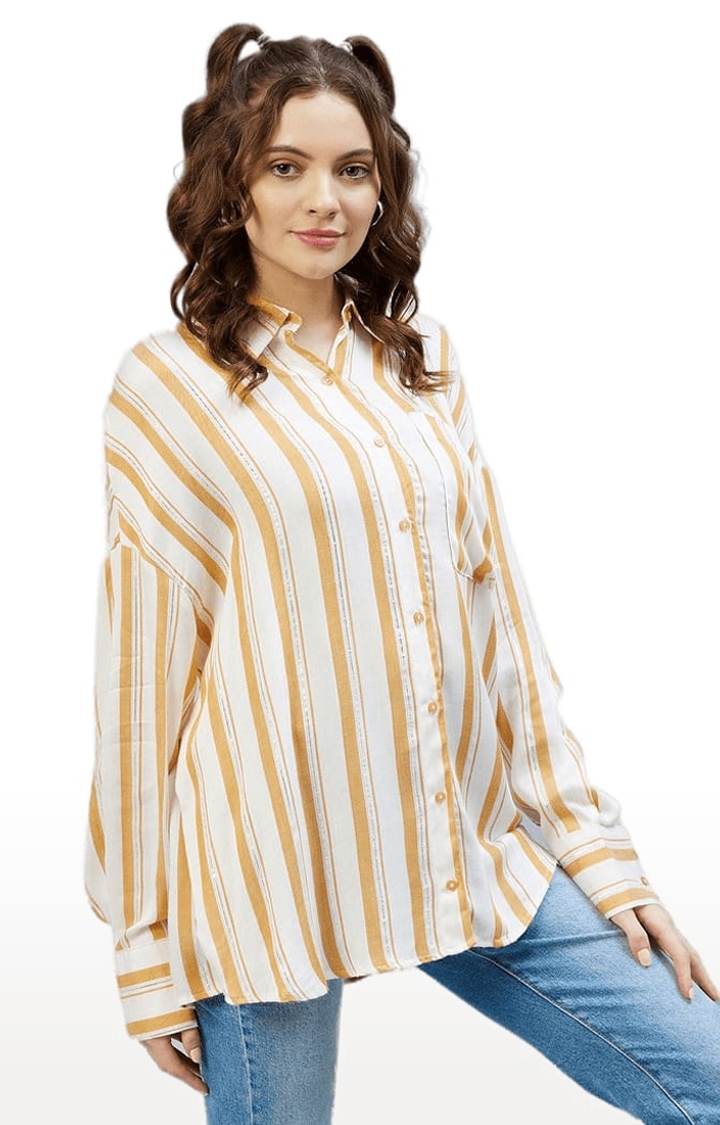 CHIMPAAANZEE | Women's Mustard and White Viscose Striped Casual Shirts