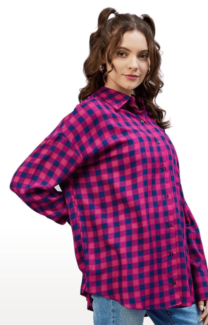 CHIMPAAANZEE | Women's Pink and Blue Viscose Checked Casual Shirts