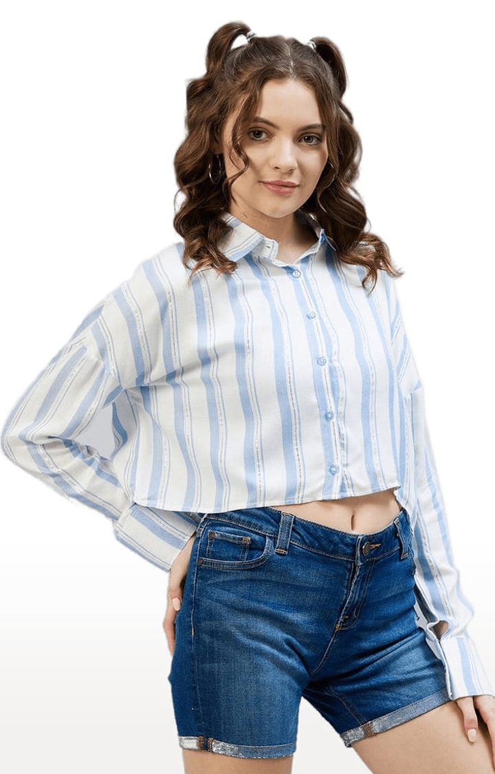 CHIMPAAANZEE | Women's Blue and White Viscose Striped Crop Shirt