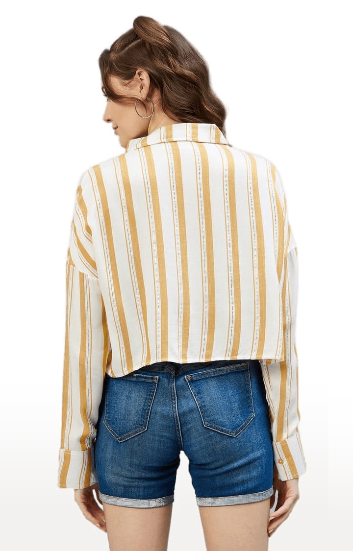 Women's Mustard and White Viscose Striped Crop Shirt
