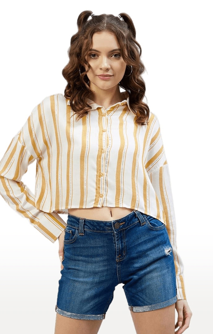 Women's Mustard and White Viscose Striped Crop Shirt