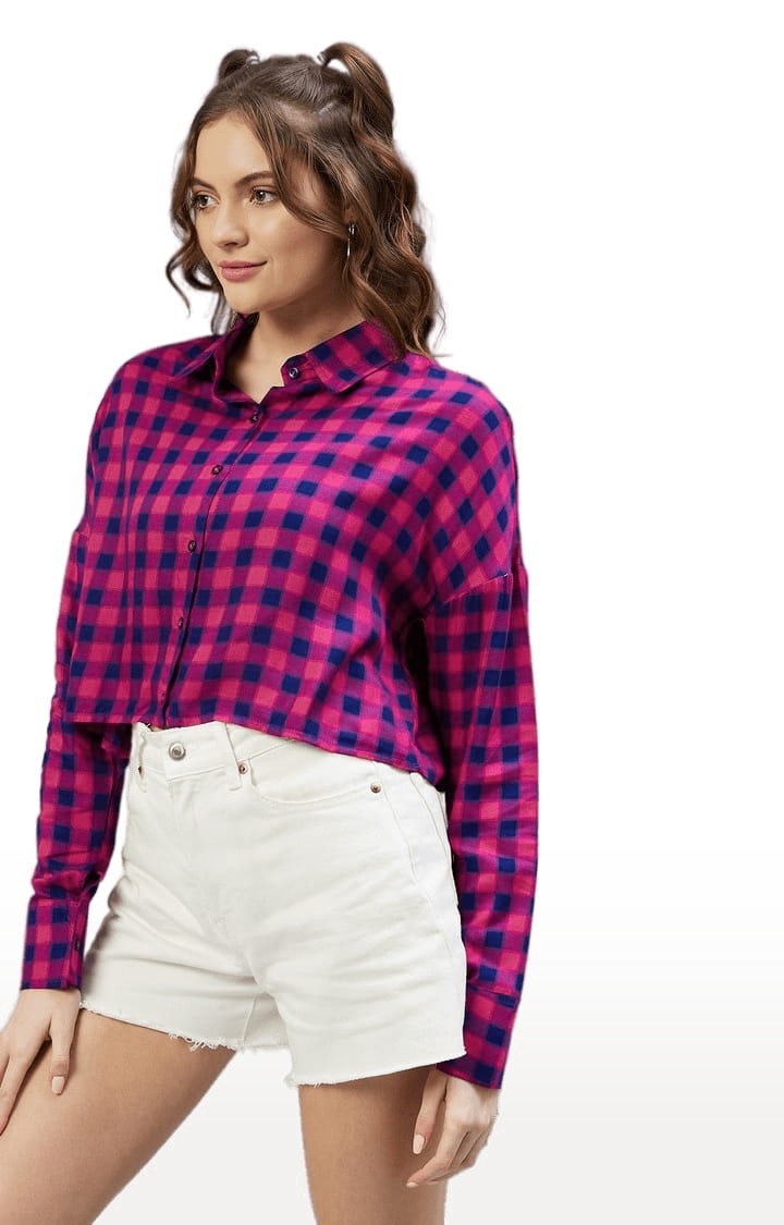 Women's Pink and Blue Viscose Checked Crop Shirt