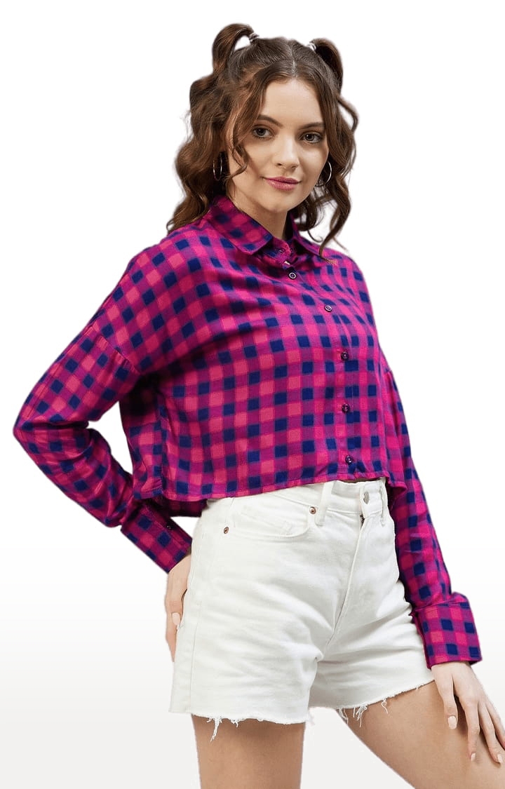 CHIMPAAANZEE | Women's Pink and Blue Viscose Checked Crop Shirt