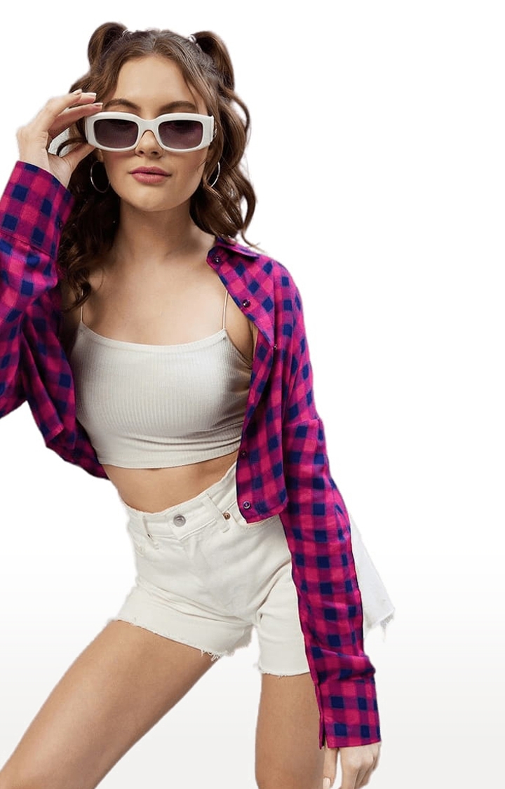 Women's Pink and Blue Viscose Checked Crop Shirt