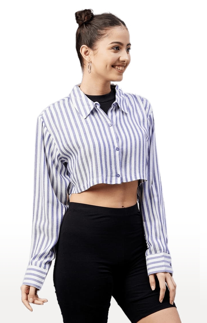 Women's Navy and White Viscose Striped Crop Shirt