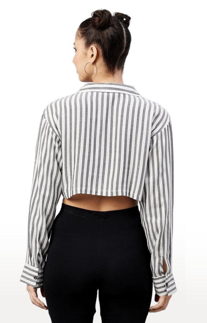 Women's Grey and White Viscose Striped Crop Shirt