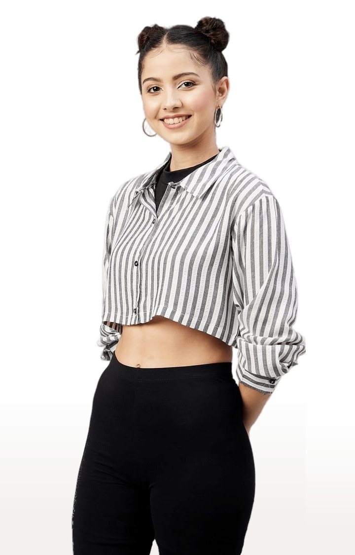 Women's Grey and White Viscose Striped Crop Shirt