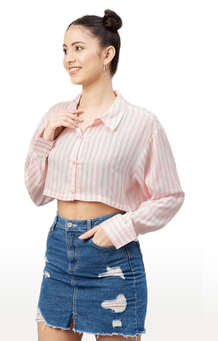 Women's Light Pink and White Viscose Striped Crop Shirt