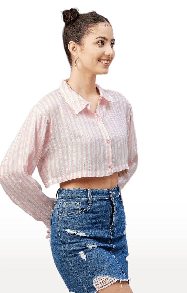 Women's Light Pink and White Viscose Striped Crop Shirt