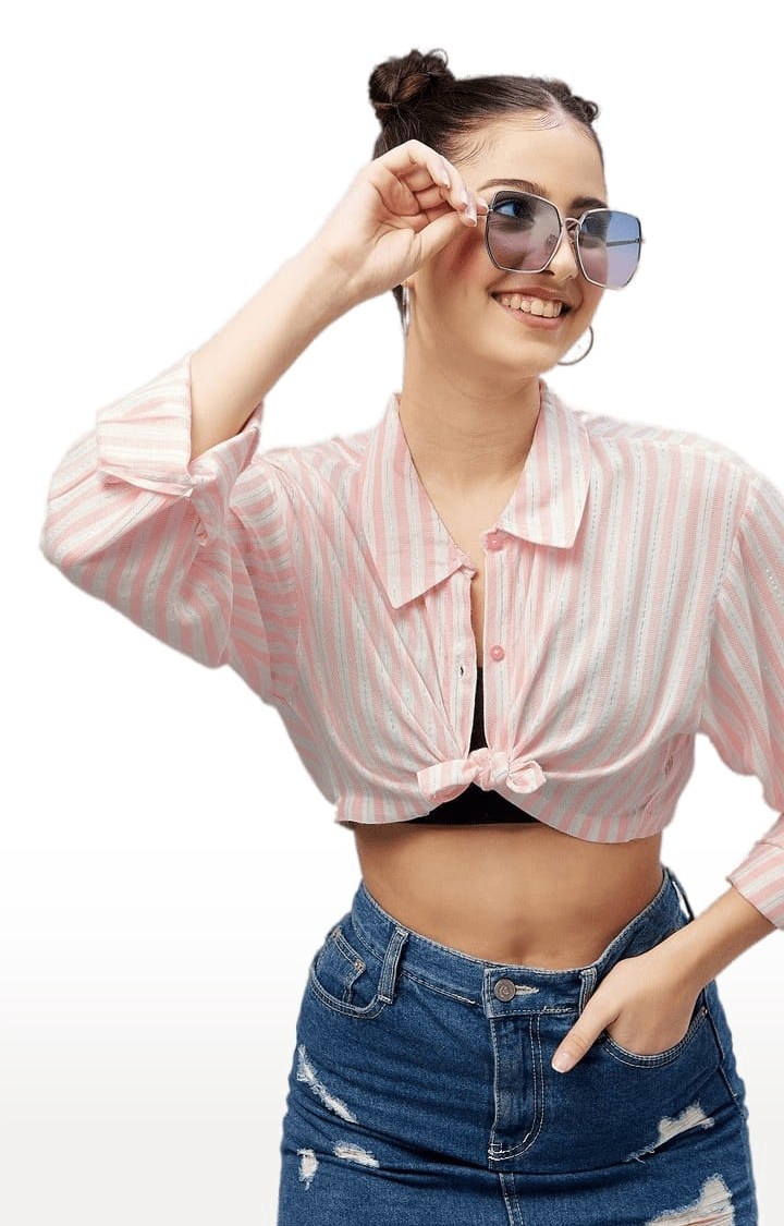 Women's Light Pink and White Viscose Striped Crop Shirt