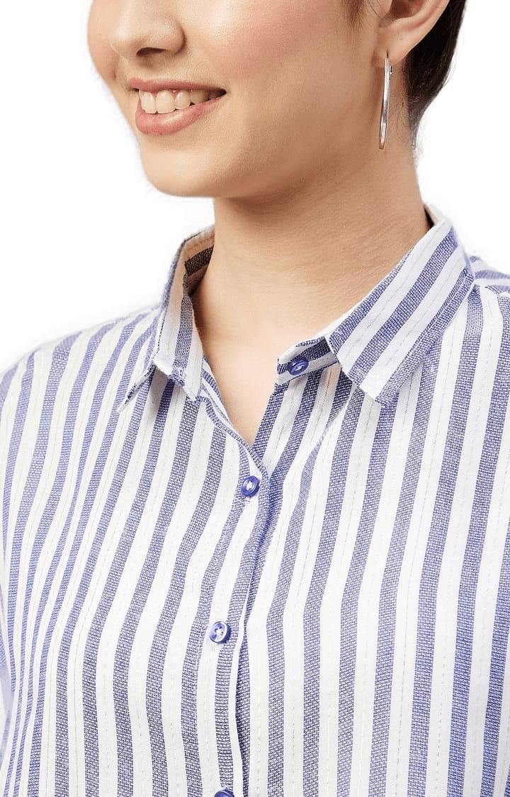 Women's Navy and White Viscose Striped Crop Shirt