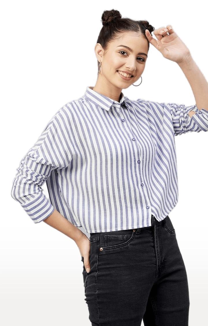 Women's Navy and White Viscose Striped Crop Shirt