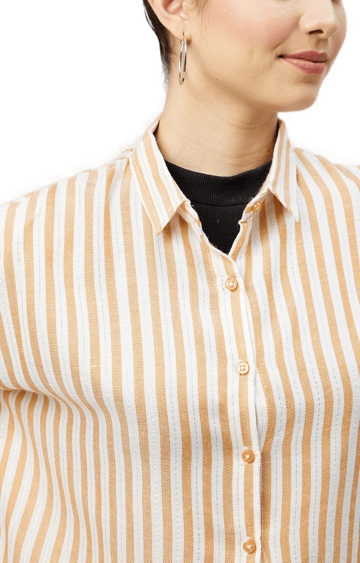 Women's Mustard and White Viscose Striped Casual Shirts