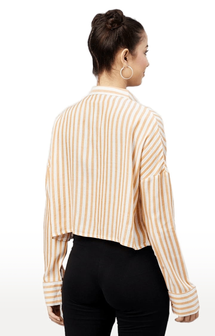 CHIMPAAANZEE | Women's Mustard and White Viscose Striped Casual Shirts 3
