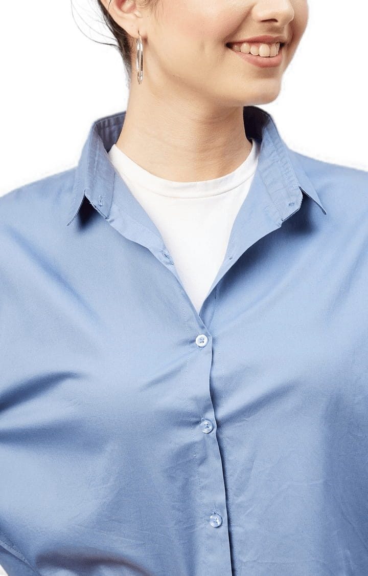 Women's Blue Cotton Solid Crop Shirt