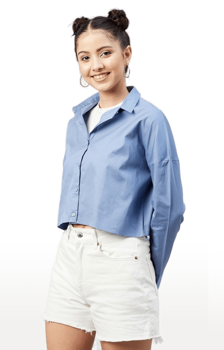 Women's Blue Cotton Solid Crop Shirt