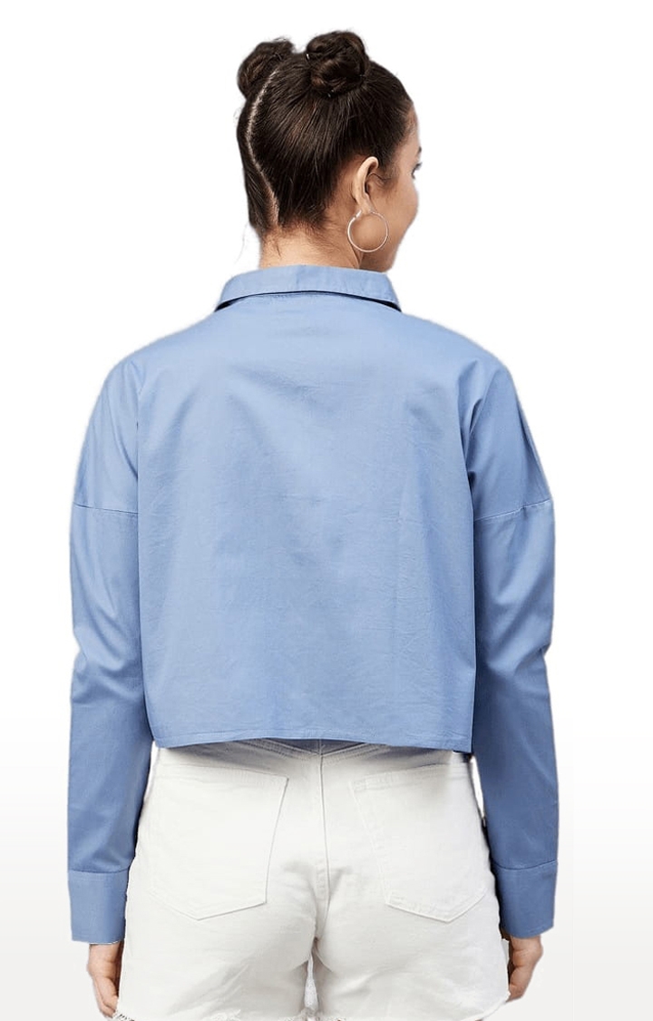 Women's Blue Cotton Solid Crop Shirt