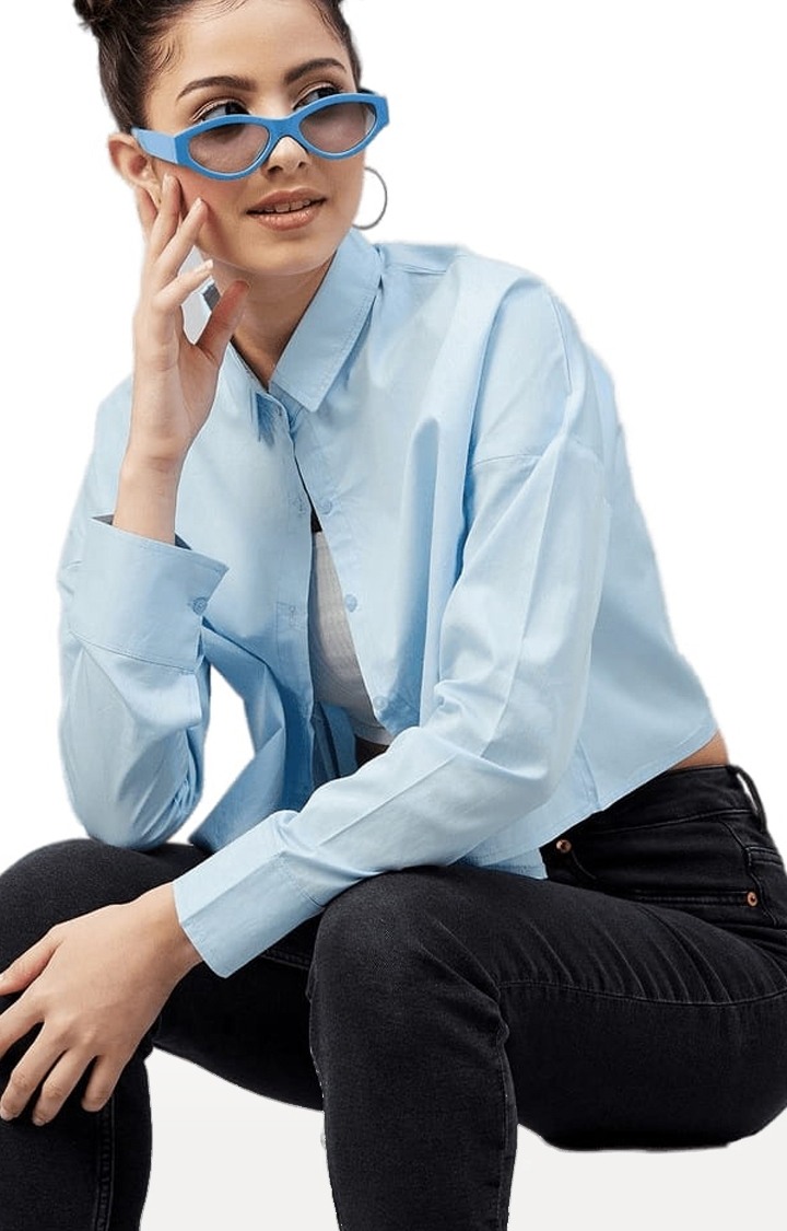 Women's Sky-blue Cotton Solid Crop Shirt
