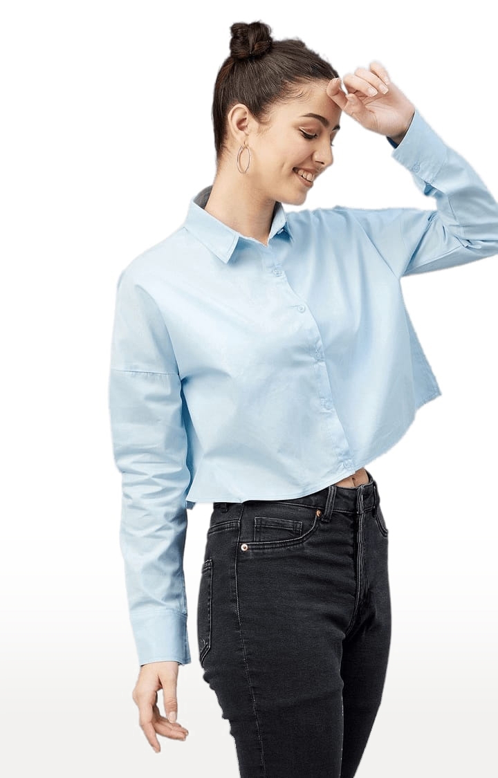 CHIMPAAANZEE | Women's Sky-blue Cotton Solid Crop Shirt