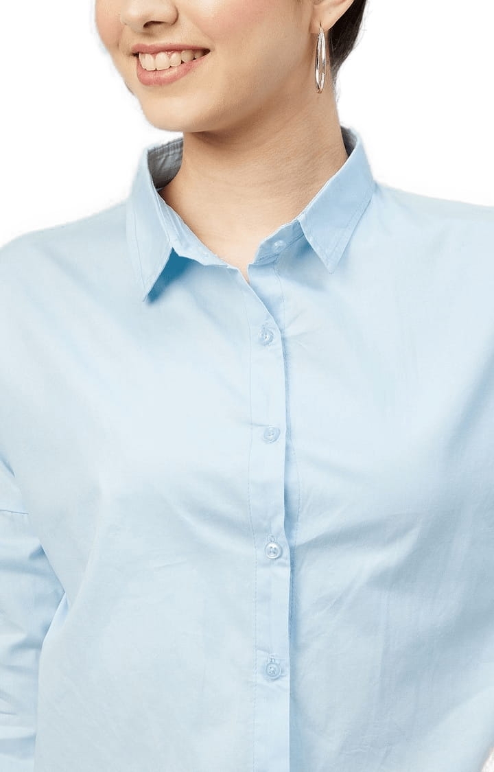 Women's Sky-blue Cotton Solid Crop Shirt