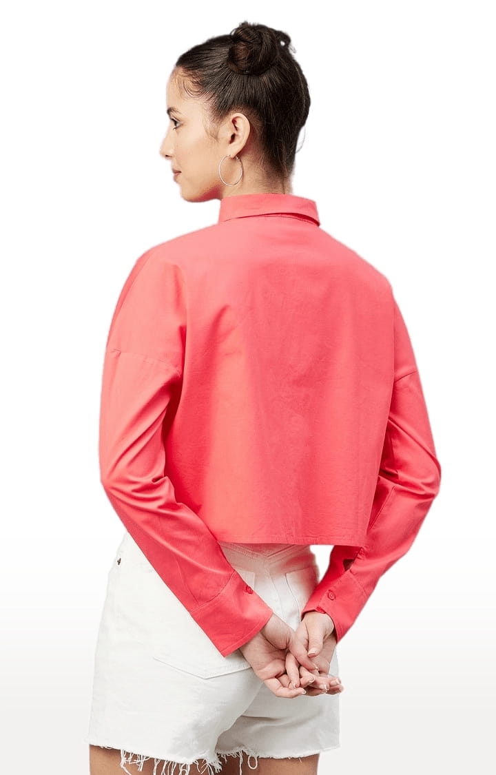 Women's Orange Cotton Solid Crop Shirt