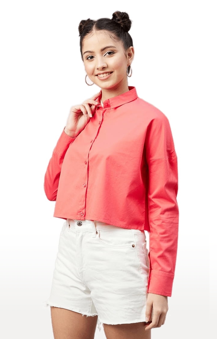 CHIMPAAANZEE | Women's Orange Cotton Solid Crop Shirt