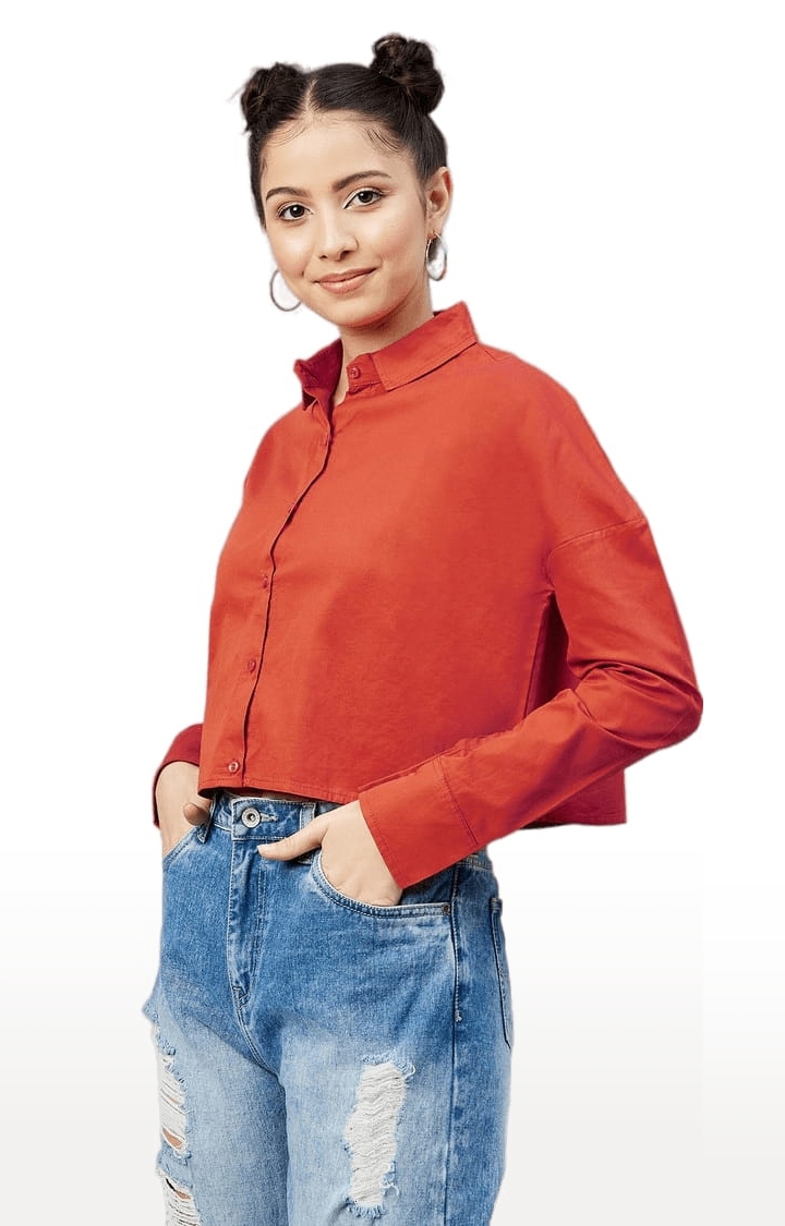 Women's Brick Red Cotton Solid Crop Shirt