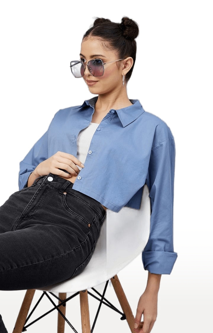 Women's Blue Cotton Solid Crop Shirt