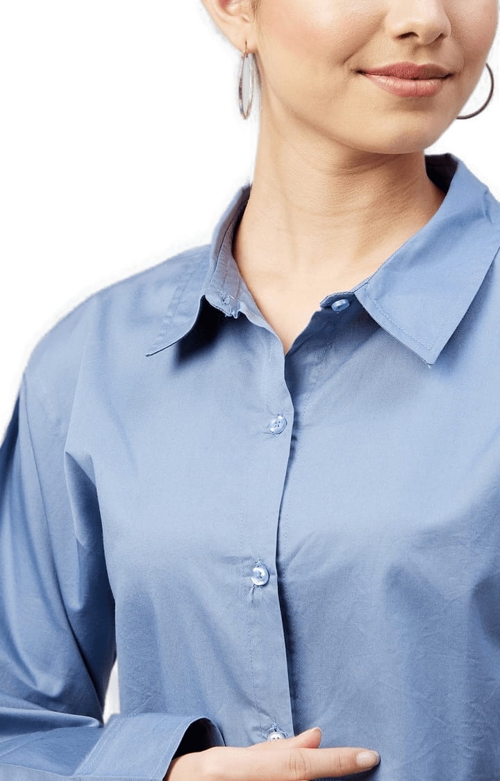 Women's Blue Cotton Solid Crop Shirt