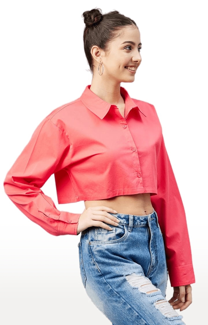 Women's Orange Cotton Solid Crop Shirt