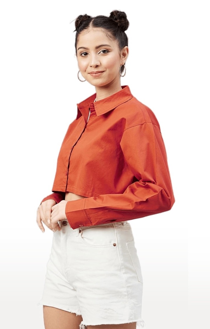 Women's Brick Red Cotton Solid Crop Shirt