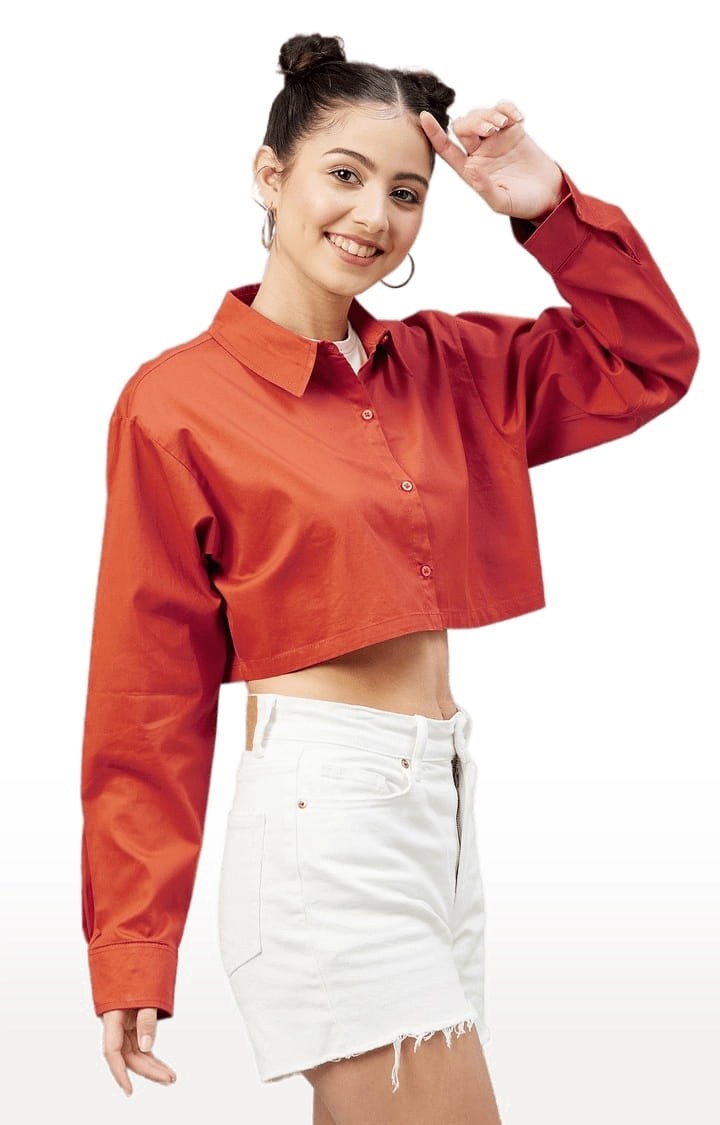Women's Brick Red Cotton Solid Crop Shirt