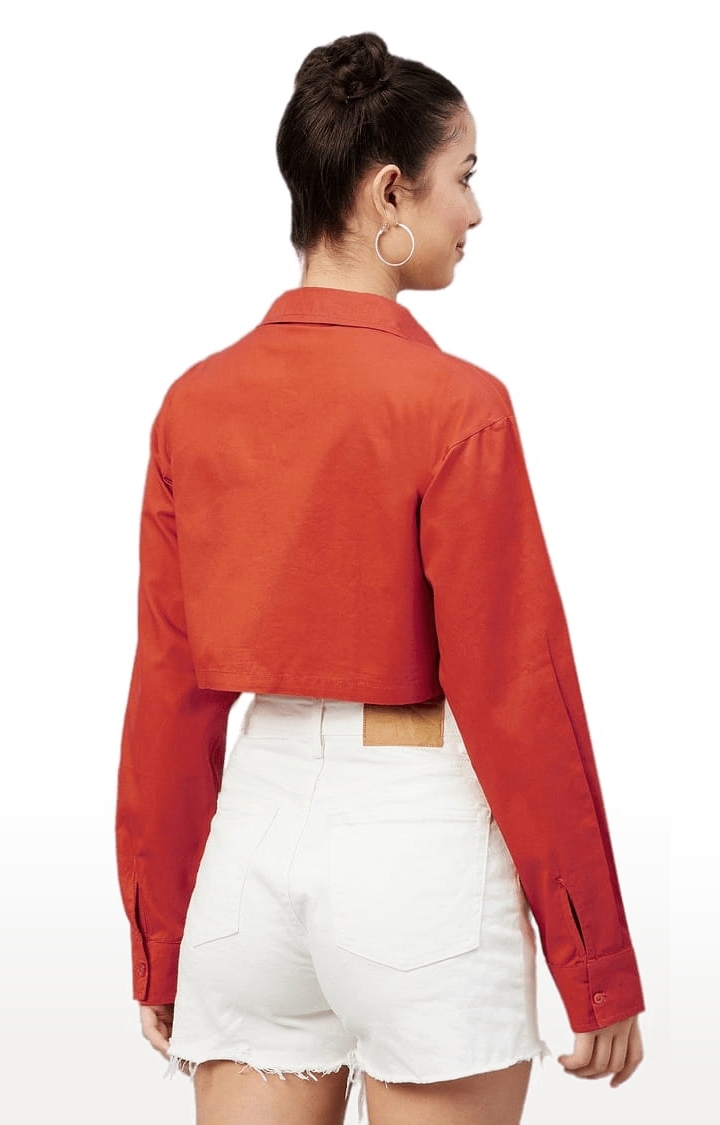 Women's Brick Red Cotton Solid Crop Shirt